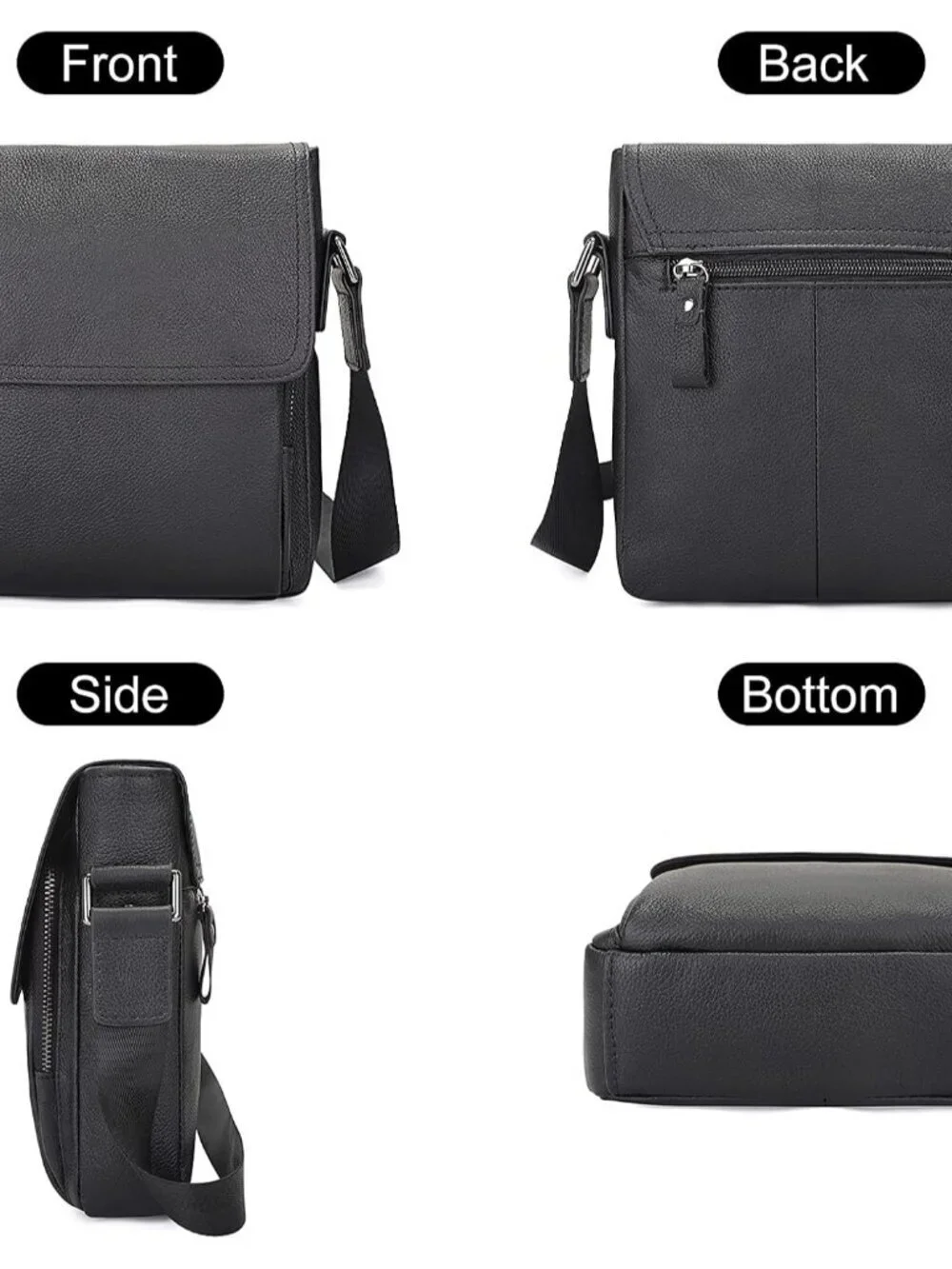 Men's Black Genuine Leather Crossbody Travel Metal Zipper Messenger Hand Bag
